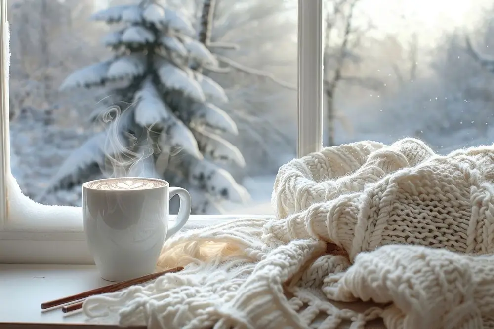 Cozy still life scene by a window overlooking a snowy landscape, featuring a steaming white mug of latte with latte art, cinnamon sticks, and a thick, chunky white knit blanket.