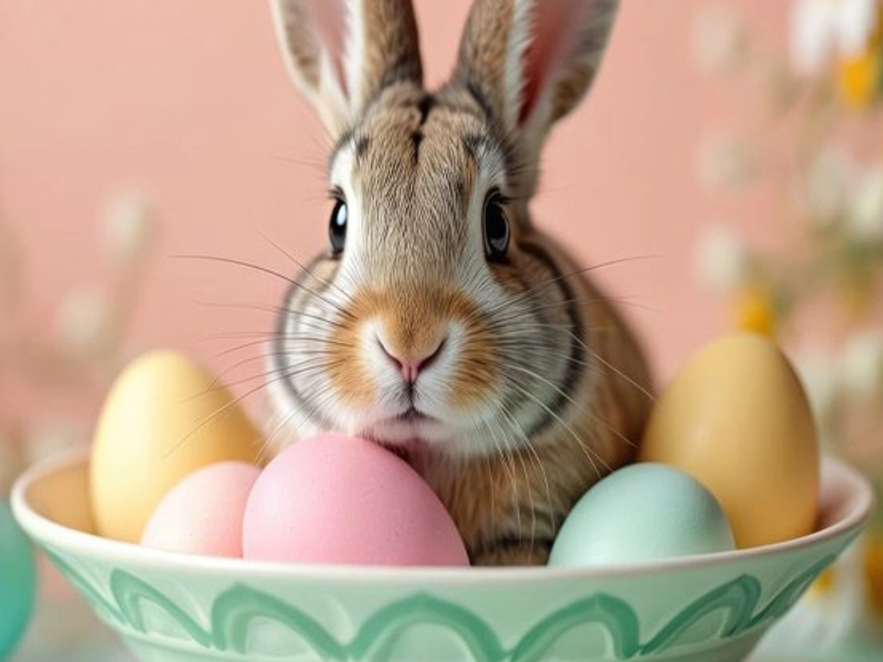 A close-up of a cute brown and white bunny sitting in a bowl filled with pastel-colored Easter eggs against a soft pink background.