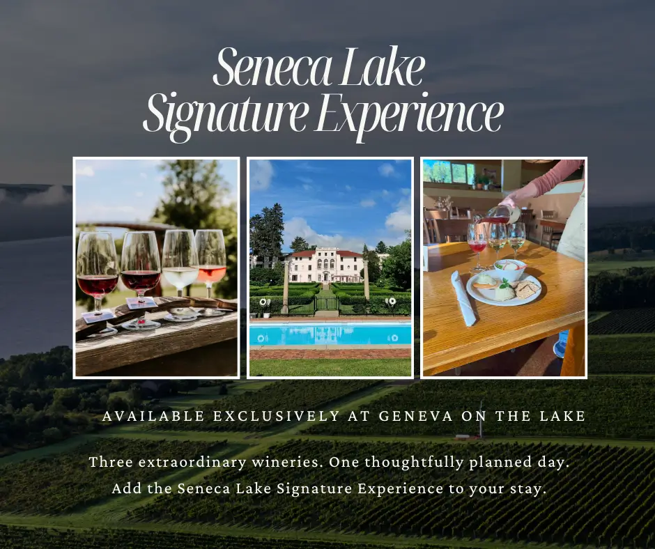 Seneca Lake Signature Experience featuring winery tastings and lakeside dining.